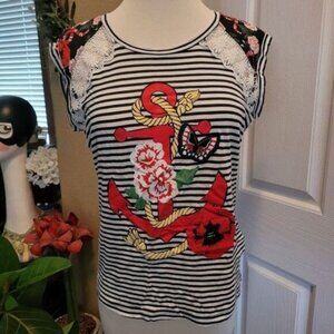 Desigual Top Rockabilly Retro Anchor Tattoo Shirt Lace striped small pin Up